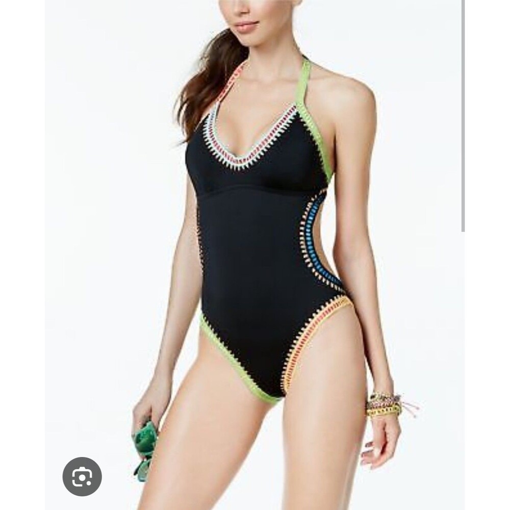 Bar III Size XL Be-Weave It Cut Out Maillot One Piece Swimsuit Black NWT $88